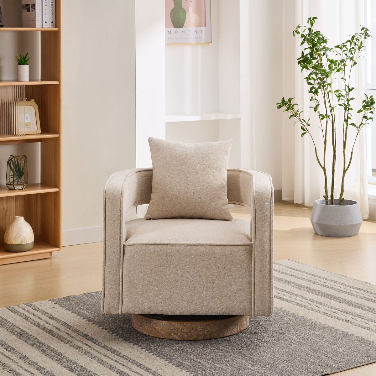 Swivel Accent Open Back Barrel Chair With Weathered Base