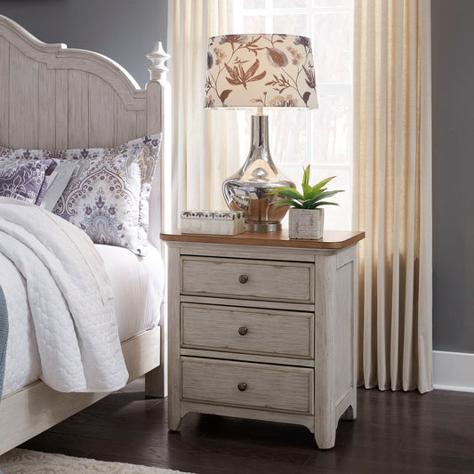 Farmhouse Reimagined - 3 Drawer Nightstand With Charging Station - Antique White / Chestnut Tops