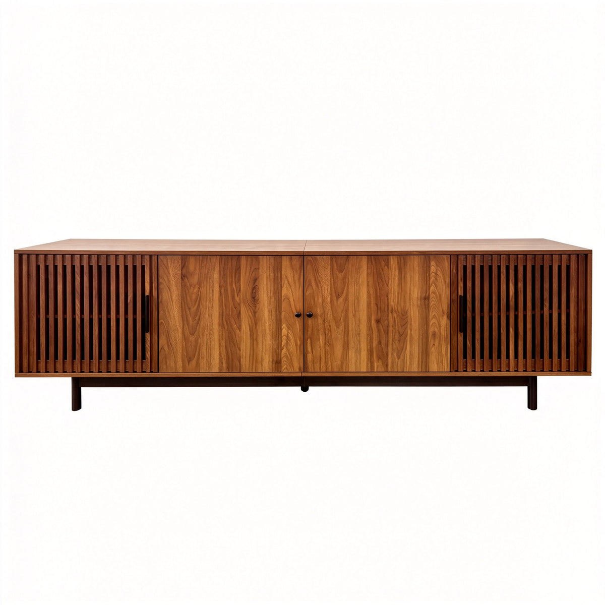 TV Stand, Media Console & Soft Closing Hinges, Adjustable Shelves, Slatted Doors - Walnut