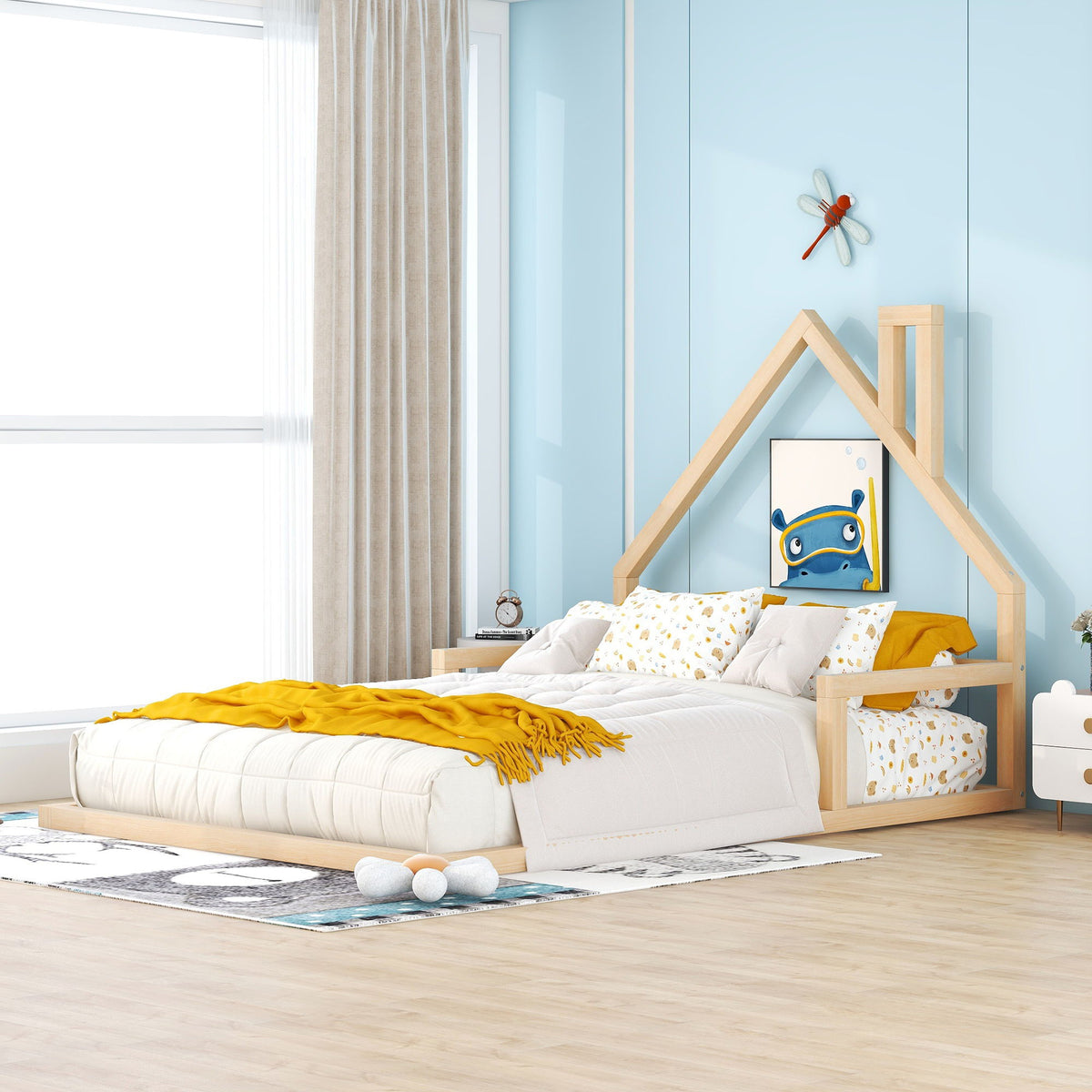 Elegant Floor Bed With House Shaped Headboard