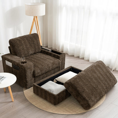 Oversized Chaise Lounge Indoor Rabbit Fur Sofa Bed With Storage Ottoman And Armrests Cup Holders With Deep Seat