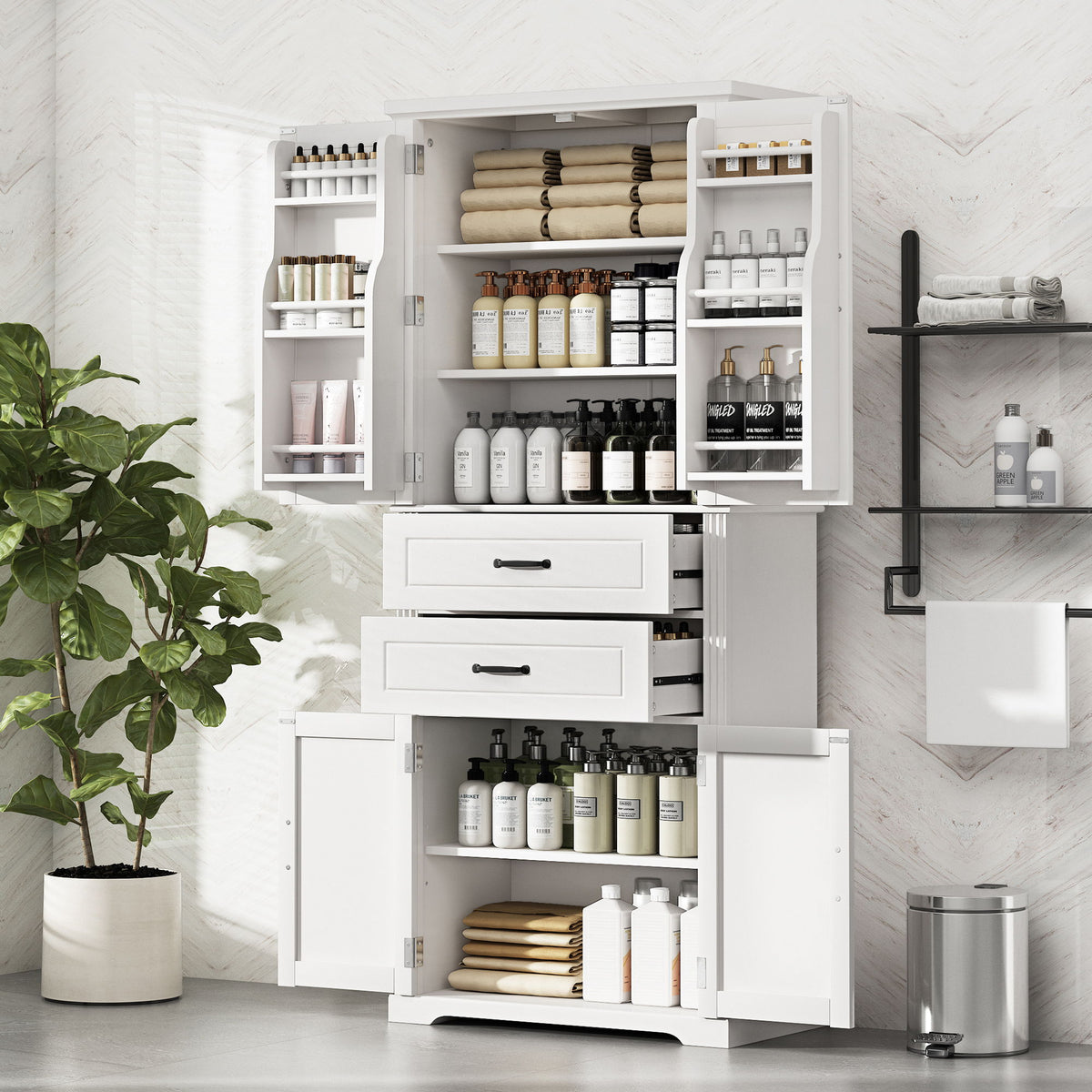 Multi Functional Storage Cabinet With Adjustable Shelves, 2 Drawers, Door Shelves