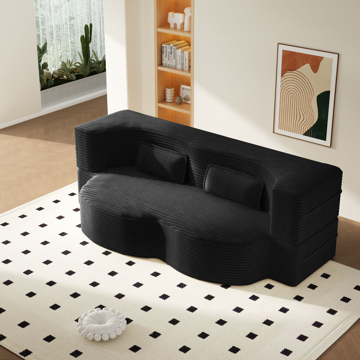 Modern Floor Sofa With 2 Pillows, Convertible Twin Size Folding Mattress For Living Room