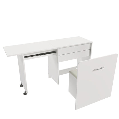 Folding Desk With Mirror And Storage Stool For Bedroom Or Apartment - White