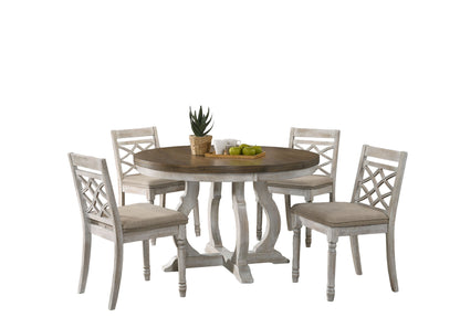 Havanna - 5 Piece Wide Round Dining Table With Off White Chairs (Set of 5) - Vintage Walnut