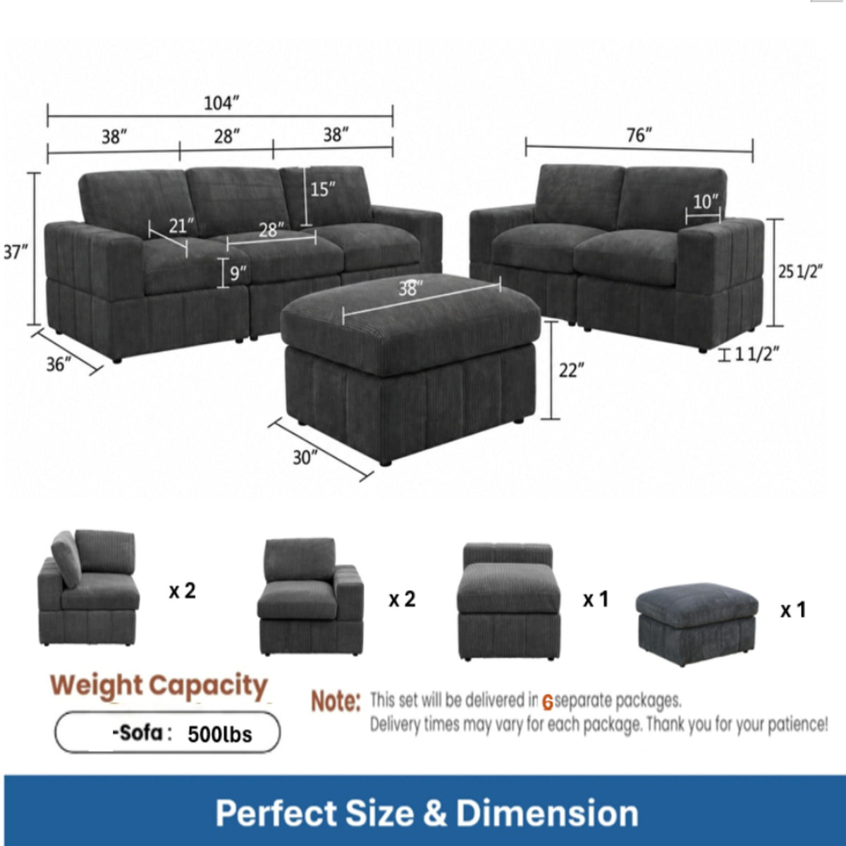 Oversized Modular Sectional Sofa Set With Loveseat & Ottoman, 6 Piece Living Room Furniture - Dark Gray