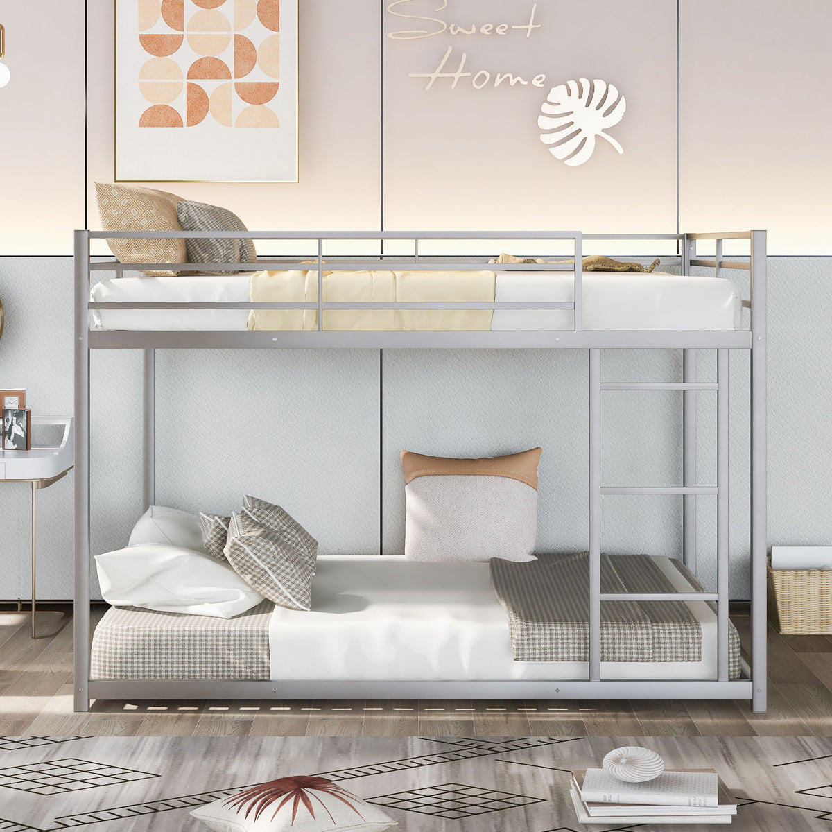 Full Over Full Metal Bunk Bed, Low Bunk Bed With Ladder - Silver