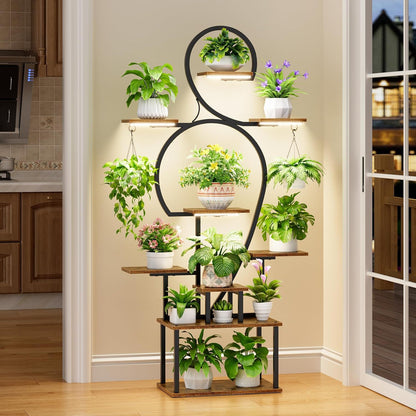Plant Stand Indoor With Grow Light, 9 Tiered 63" Tall Indoor Plant Shelves For Multiple Plants - Walnut / Black