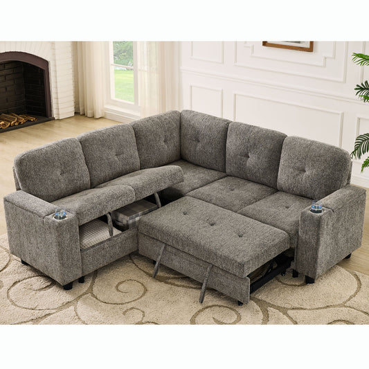 5 Seat Reversible L - Shaped Sleeper Sofa, Pull Out Convertible Sectional Couch With Storage, USB C - Charger, Cup Holders Modular Sofa Bed - Gray