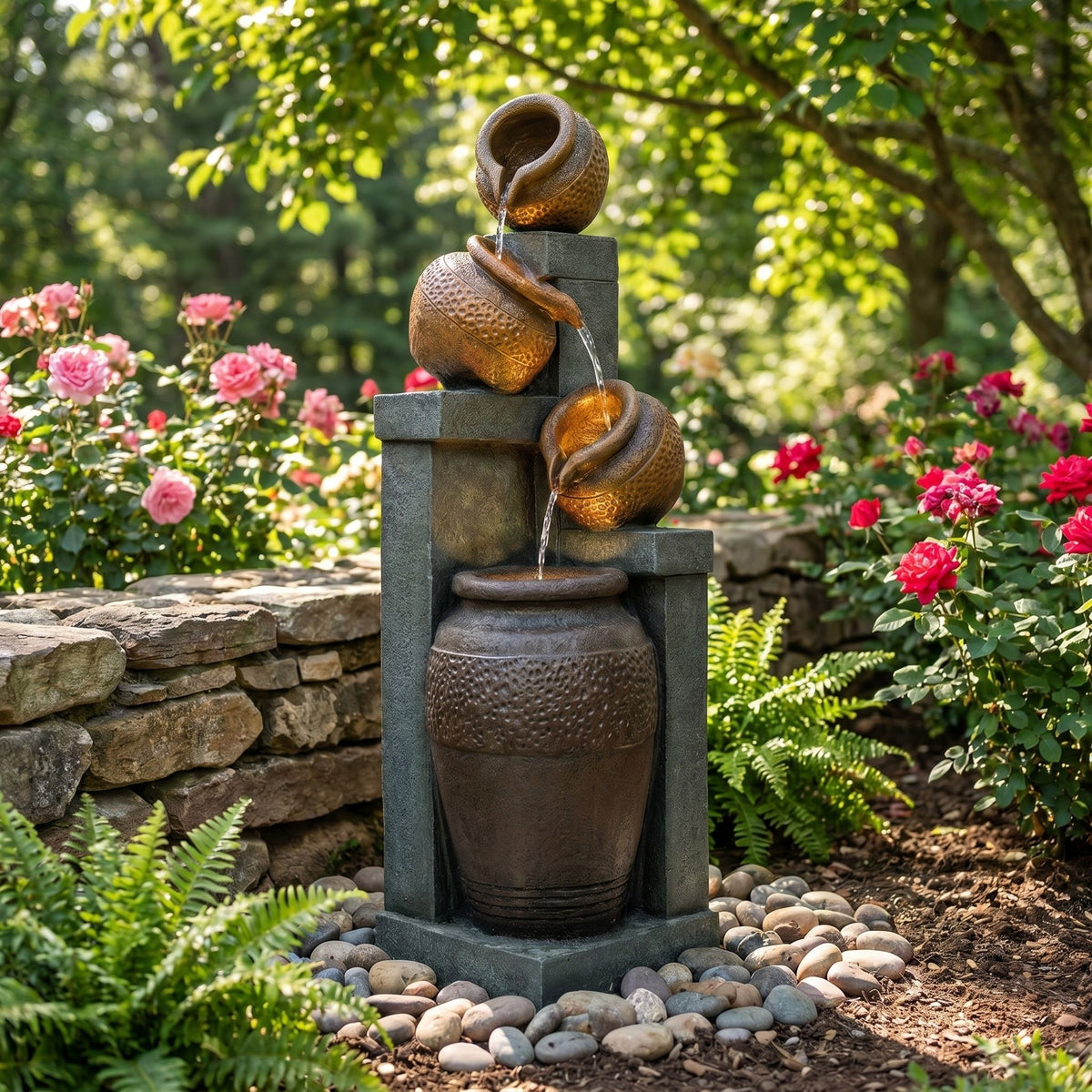 4 Tier Outdoor Water Fountain With Warm LED Lights For Patio - Brown / Tan