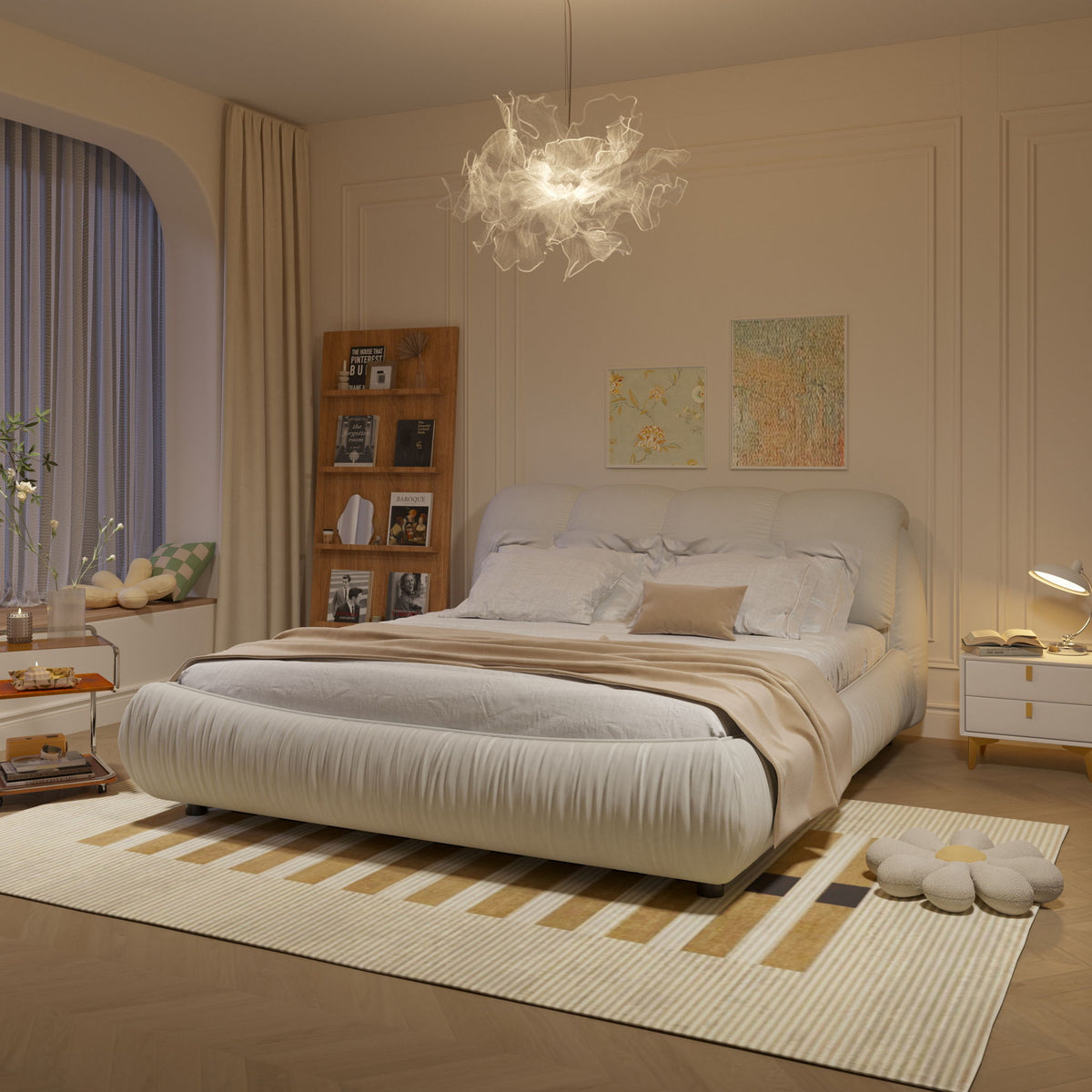 Luxury Upholstered Platform Bed With Oversized Padded Backrest And Solid Wood Frame