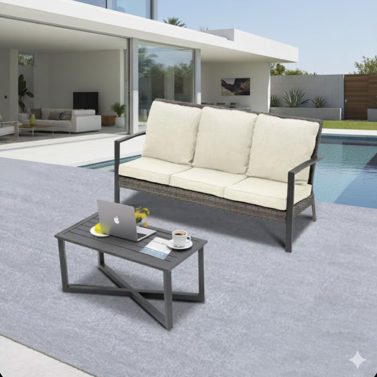 2 Piece Patio Set With Cushions & Coffee Table