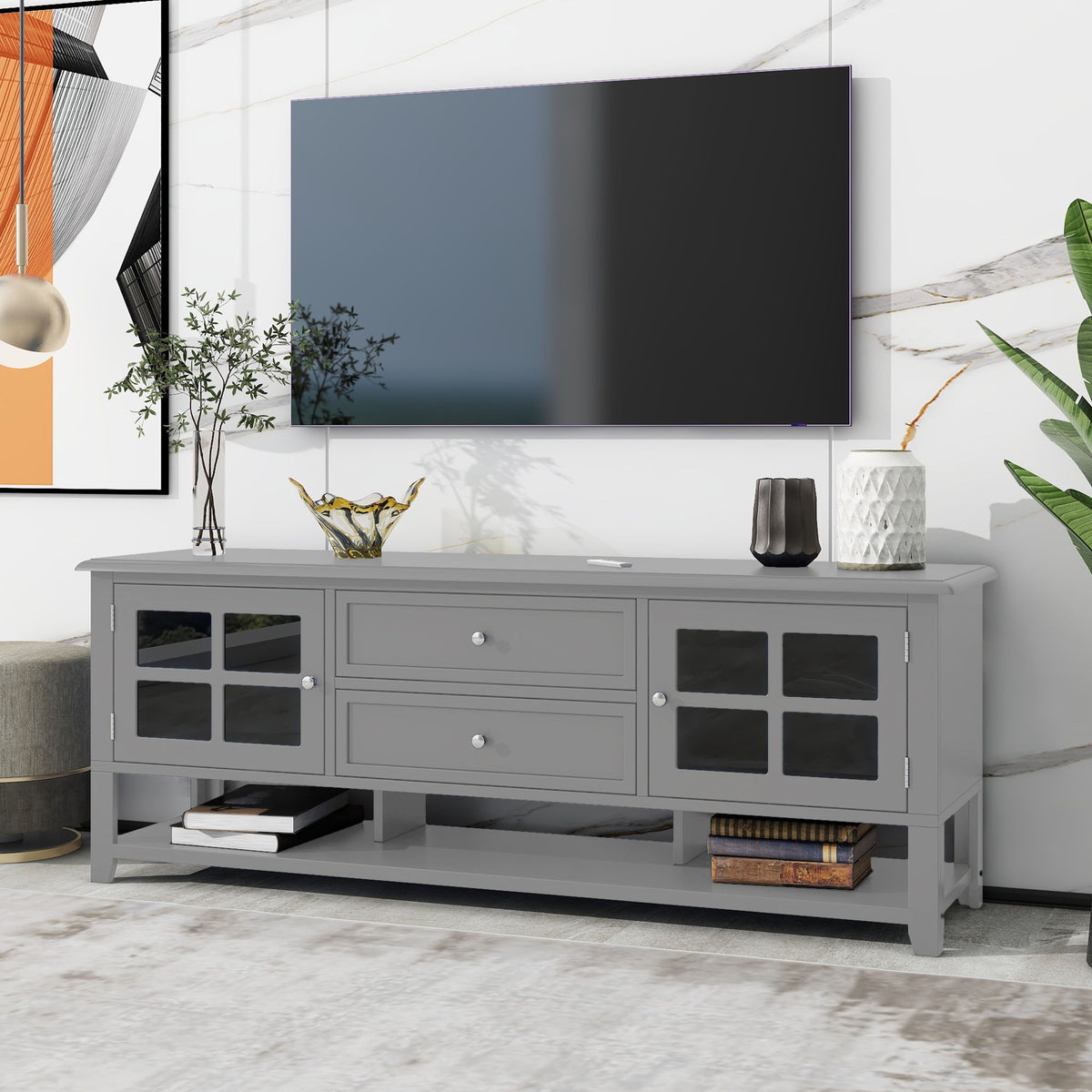 TV Stand, Entertainment Center With Dual Drawers And Hidden Storage, Cabinet With Soft Closing Doors And Sleek Panel Design