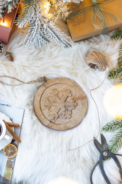 Wooden Hanging Circle With Snowflake Cut Decorative Hanging Christmas Tree Ornaments For Holiday Party Decorations (Set of 12) - Multi