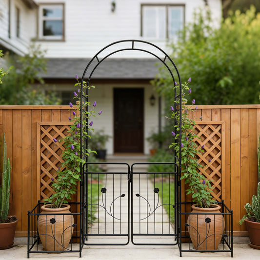 Metal Garden Arch With Gate Wide High Climbing Plants Support Rose Arch Outdoor - Black