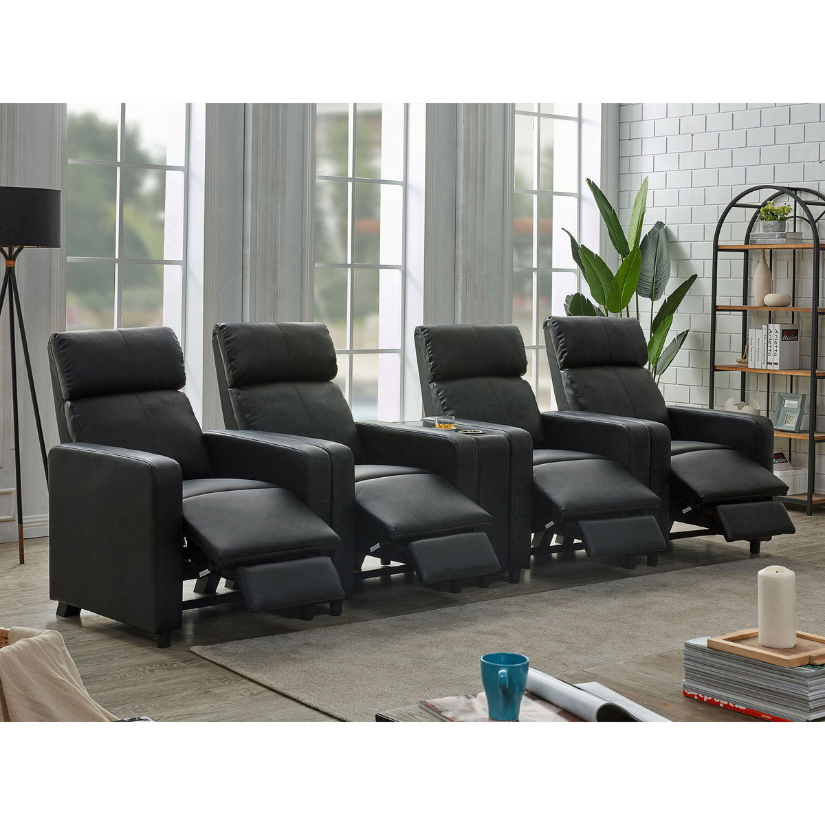 Warren - 4 Seater Home Theater With Wedge Console Recliners - Black