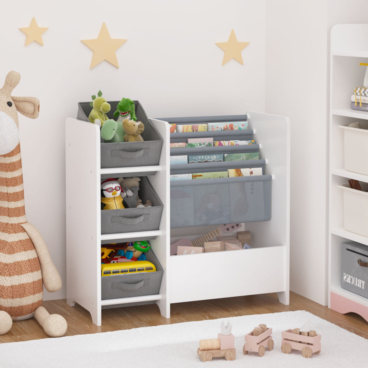 Bookshelf And Toy Storage Organizer, Multifunctional 4 Tier With 3 Collapsible Drawers - White