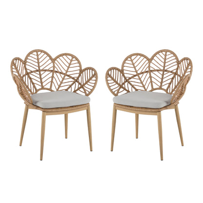 Kirk - Outdoor Wicker Peacock Shape Papasan Style Chair, Teak Finished Leg (Set of 2) - Beige / Light Brown / Light Teak
