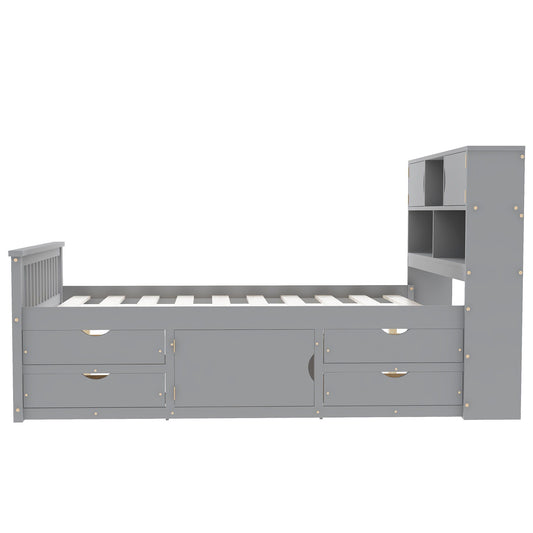 Captain Platform Bed Frame With Bookcase Headboard, 4 Drawers, Storage Shelves