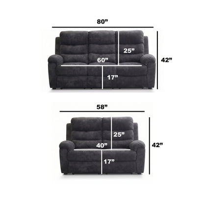 2 Piece Reclining Sofa Set, 3 Seat Sofa & 2 Seat Loveseat, 150° Recline - Dark Gray