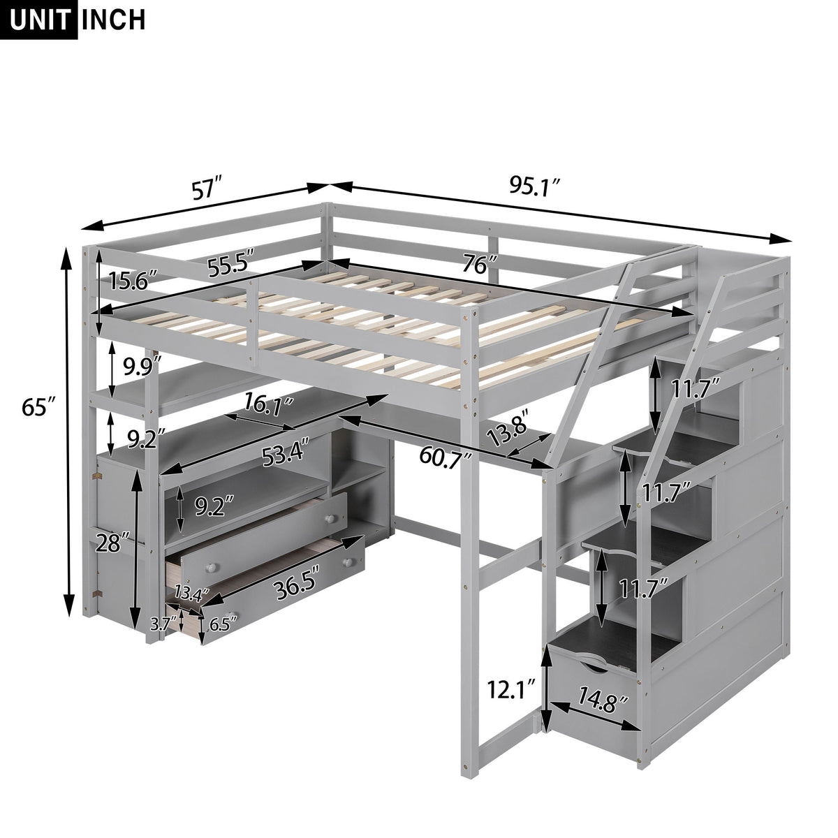Loft Bed With Desk, Shelves, 2 Drawers, Storage Staircase
