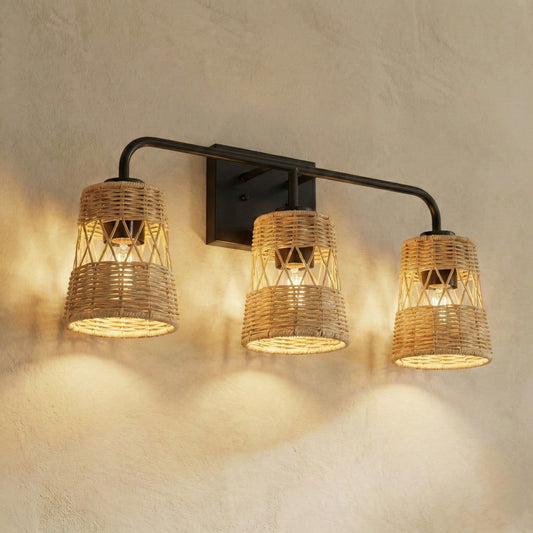 Moonlit - 3 Lights Wall Sconce With Shade, Bathroom Lighting Fixtures Over Mirror - Black / Rattan