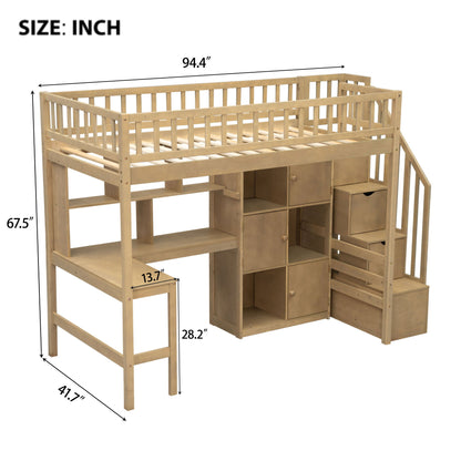 Loft Bed With Built In L Shaped Desk, LED Lights, Storage Shelves, Cabinets, And Staircase