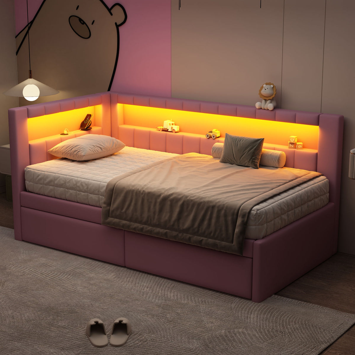 Upholstered Platform Bed With USB Ports And LED Belt