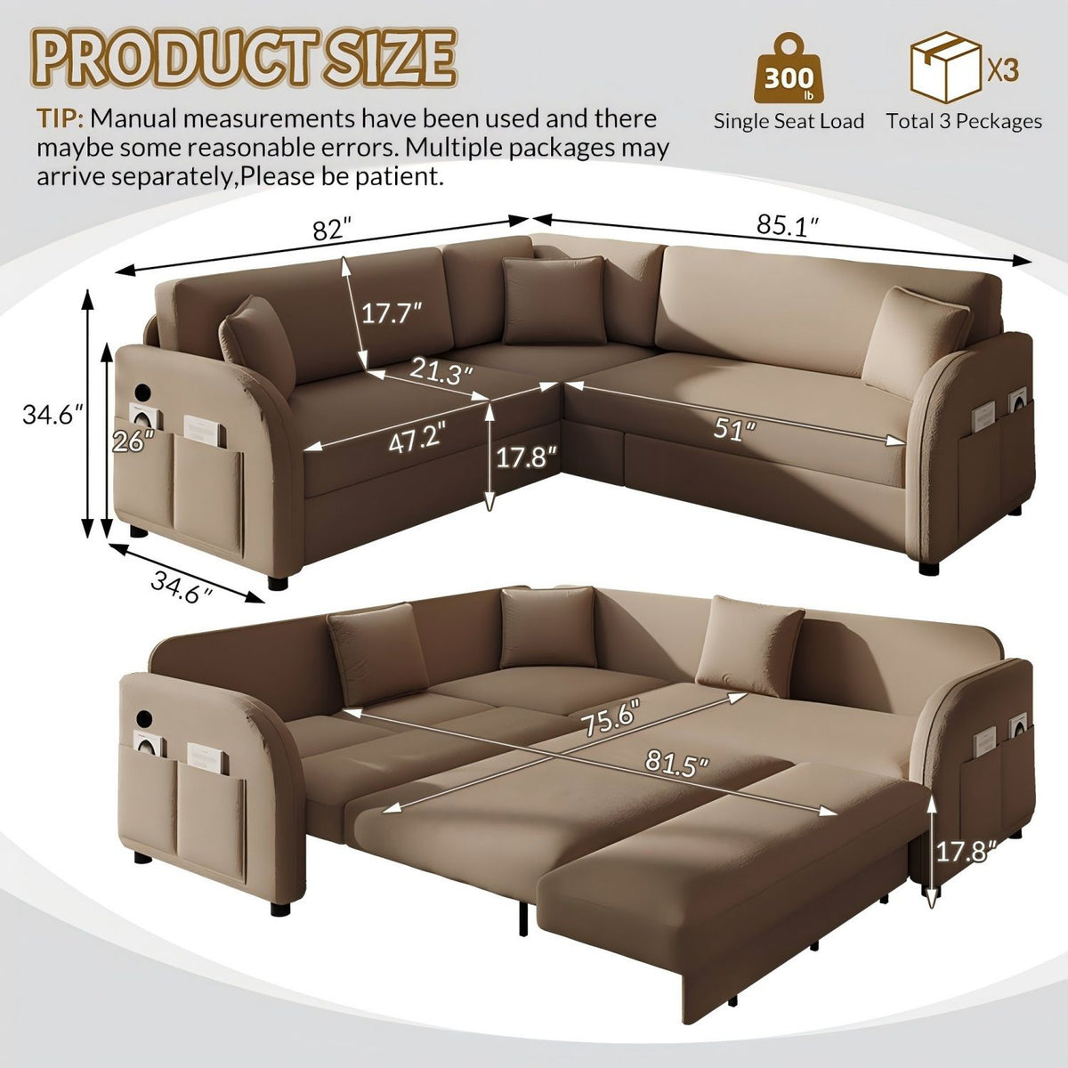 L-Shaped Couch With Pull-Out Bed, Oversize Convertible Sleeper Sofa With Side Pocket & USB Port