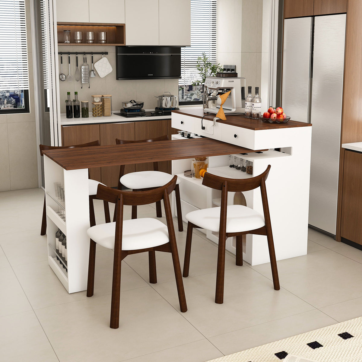 Retro Kitchen Island Set With Chairs, Extendable & Rotating Table, 4 Drawers & Door Cabinets