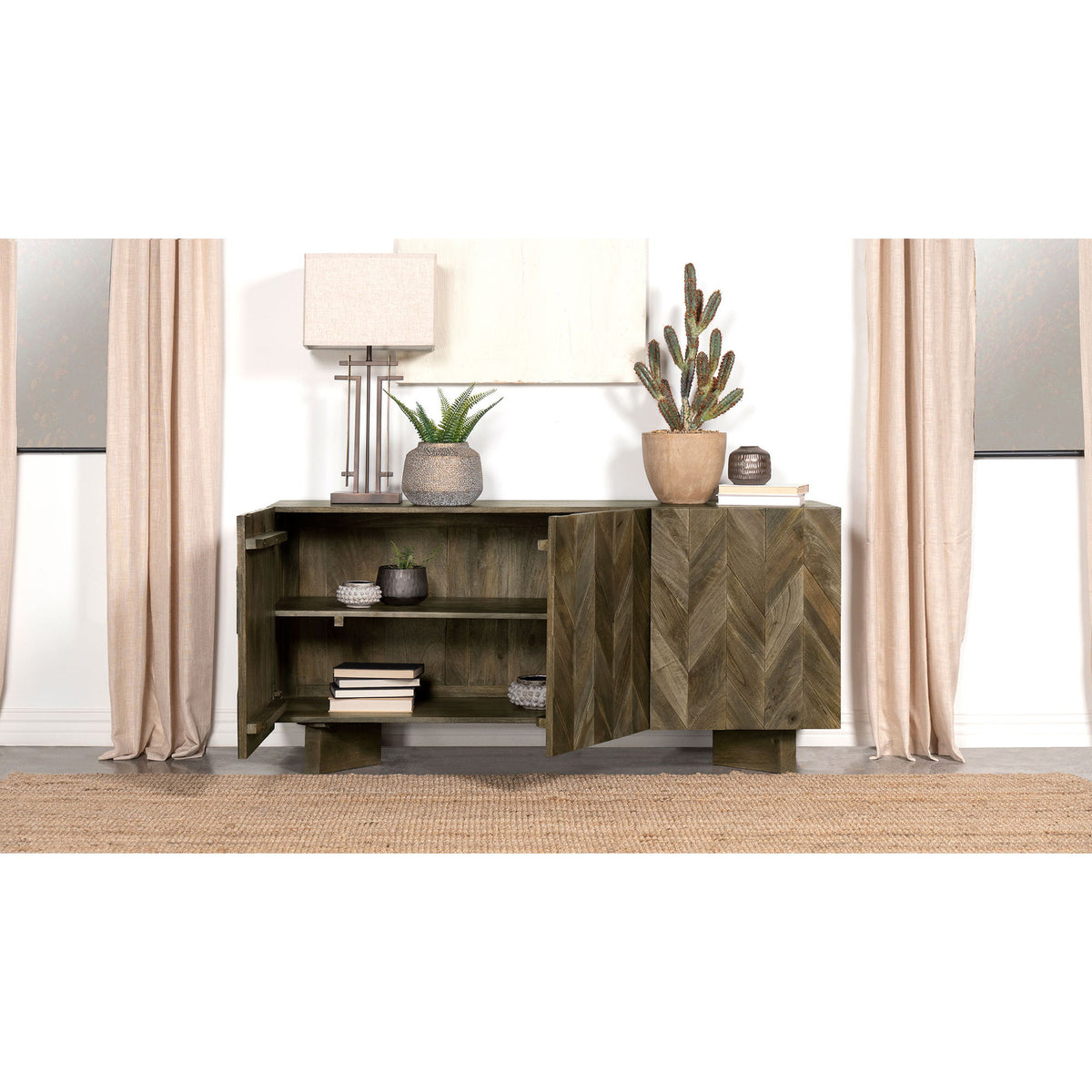 Roman - 3 Door Server With Chevron Design - Brown