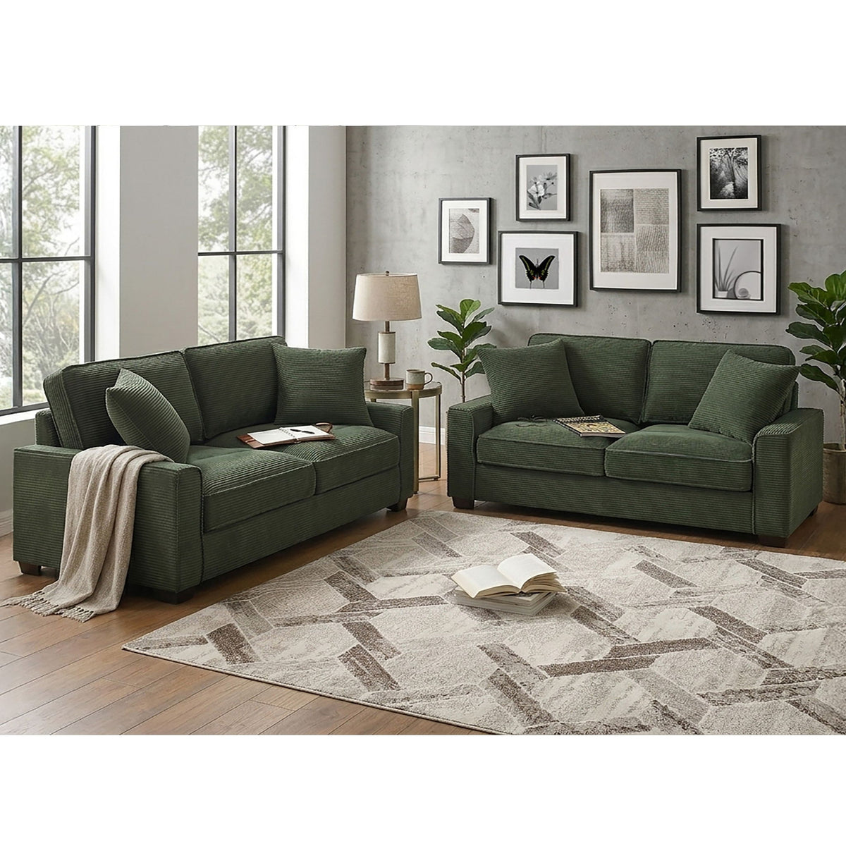 Sofa & Loveseat 2 Piece Set With Accent Pillows - Forest Green