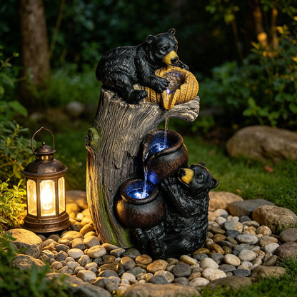 Bear Tree Stump Outdoor Water Fountain With LED Lights - Brown Gray