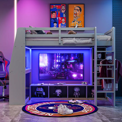 Gaming Loft Bed With Desk, Multi Storage Shelves, LED Lighting, And Hanging Clothes Rack