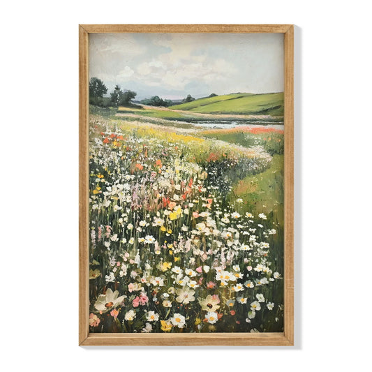 Framed Canvas Prints Art Vintage Decor, Classical Wildflower Field Meadow Flowers Painting - Green / Ivory