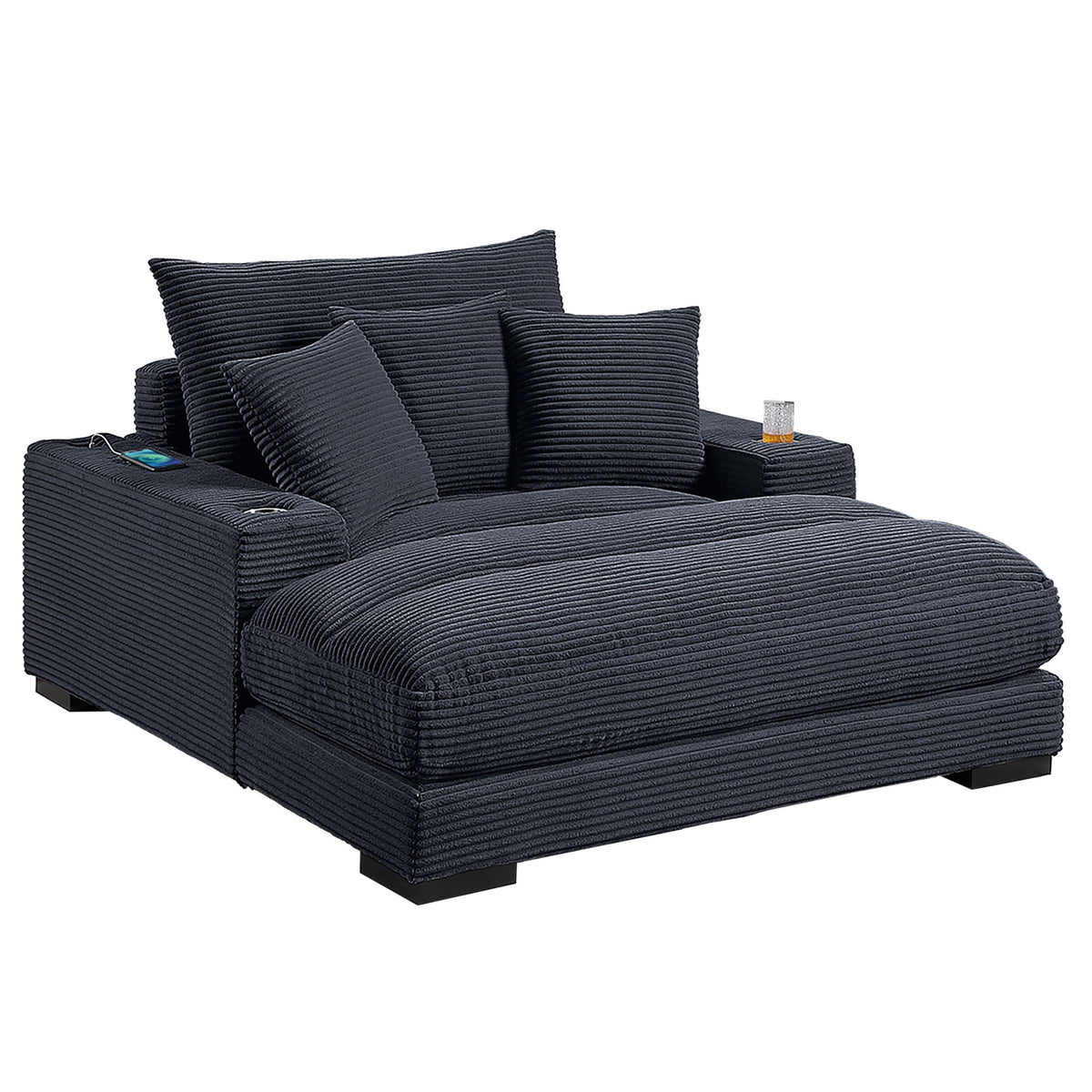 Upholstered Chaise Lounge With Cup Holders USB Port And Pillows