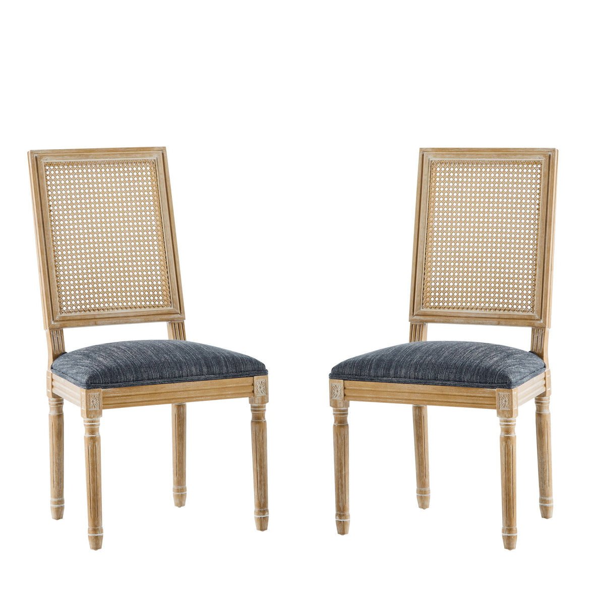 French Country Dining Chair With Rectangular Cane Backrest And Smooth Upholstered Seating