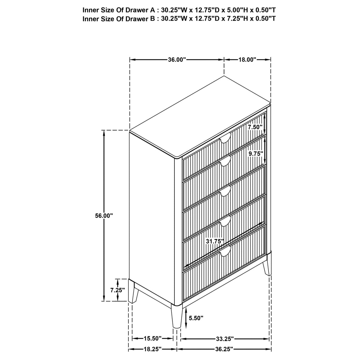 Mason - 5 Drawer Chest With Fluted Design - Black