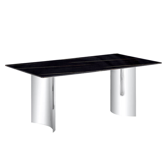 Modern Minimalist Dining Table With Imitation Marble Glass Desktop And Metal Legs
