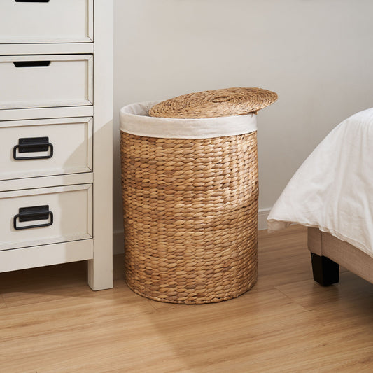 Round Tall Water Hyacinth Woven Wicker Laundry Hamper With Lid - For Clothes, Toys And Book Storage With Removable Liner - 15" X 15" X 20" - Natural Brown