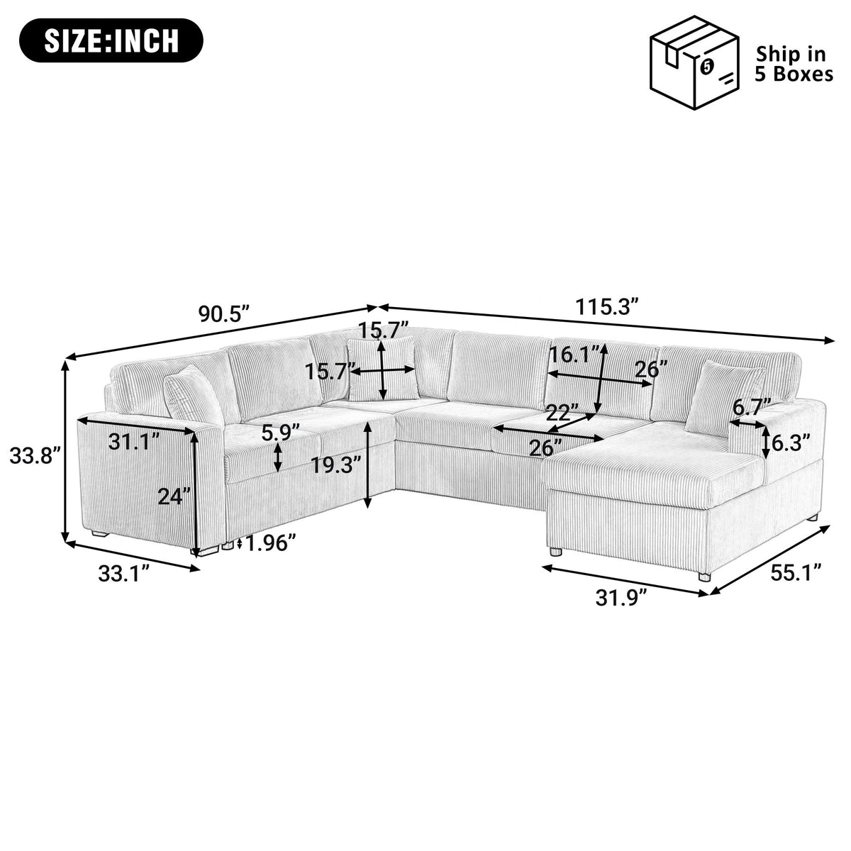 Oversized Sectional U-Shaped Sofa With Chaise Lounge And Three Soft Throw Pillows