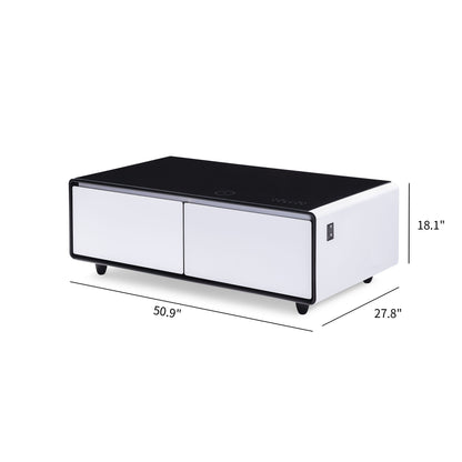Modern Smart Coffee Table With Built-In Fridge, tooth Speaker, Wireless Charging Module, Touch Control Panel, Power Socket, USB Interface, Outlet Protection, Atmosphere Light