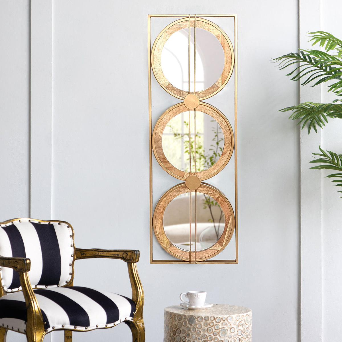 3 Mirror Piece Wall Mirror InRectangular Frame, Home Wall Decor For Bedroom Living Room - Brown