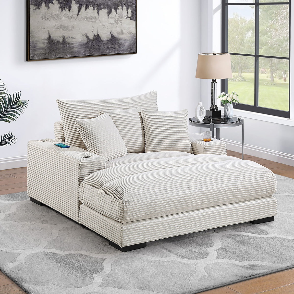 Upholstered Chaise Lounge With Cup Holders USB Port And Pillows