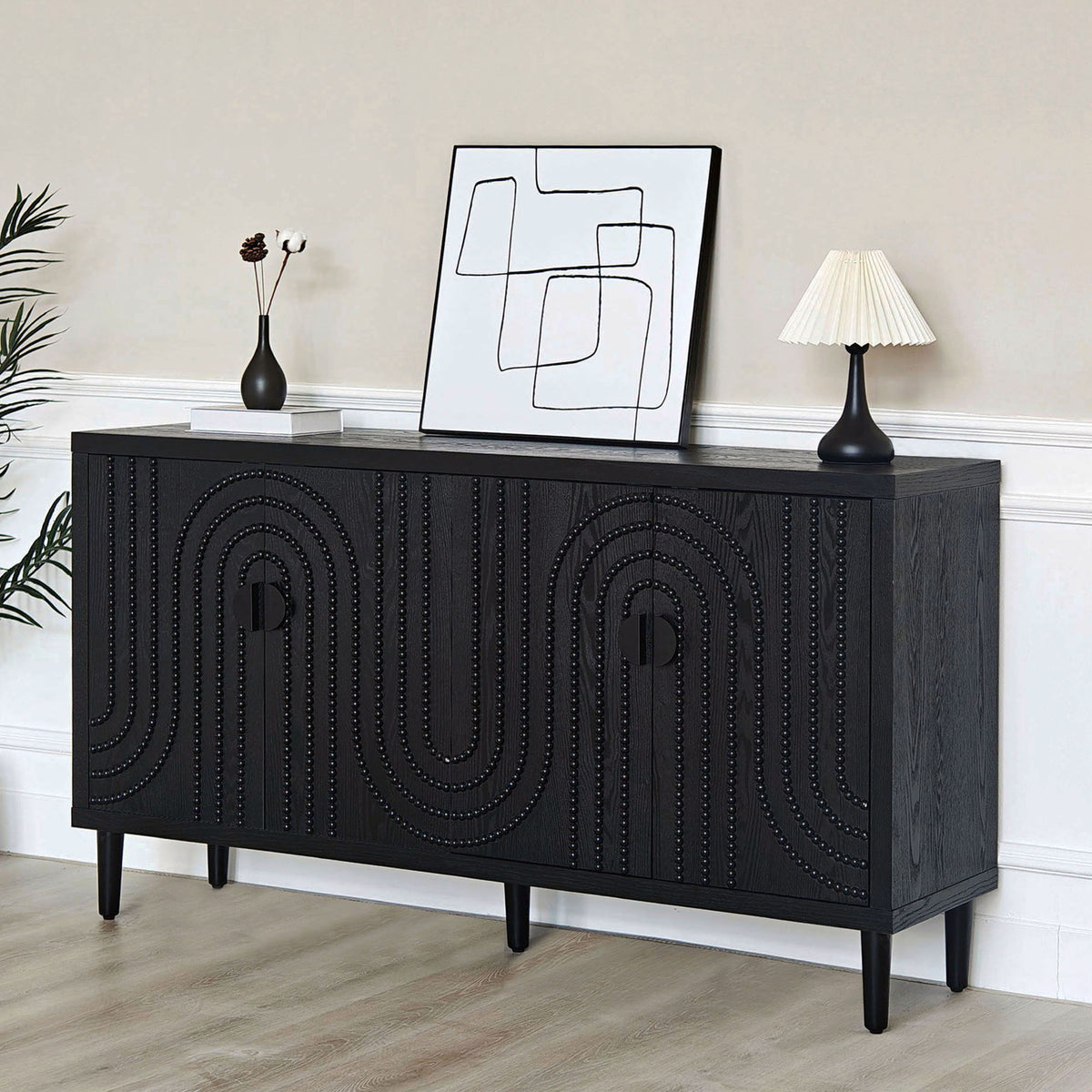 Modern Sideboard Cabinet With Decorative Nailhead Accents, Stylish Storage Solution For Dining, Living Rooms - Black