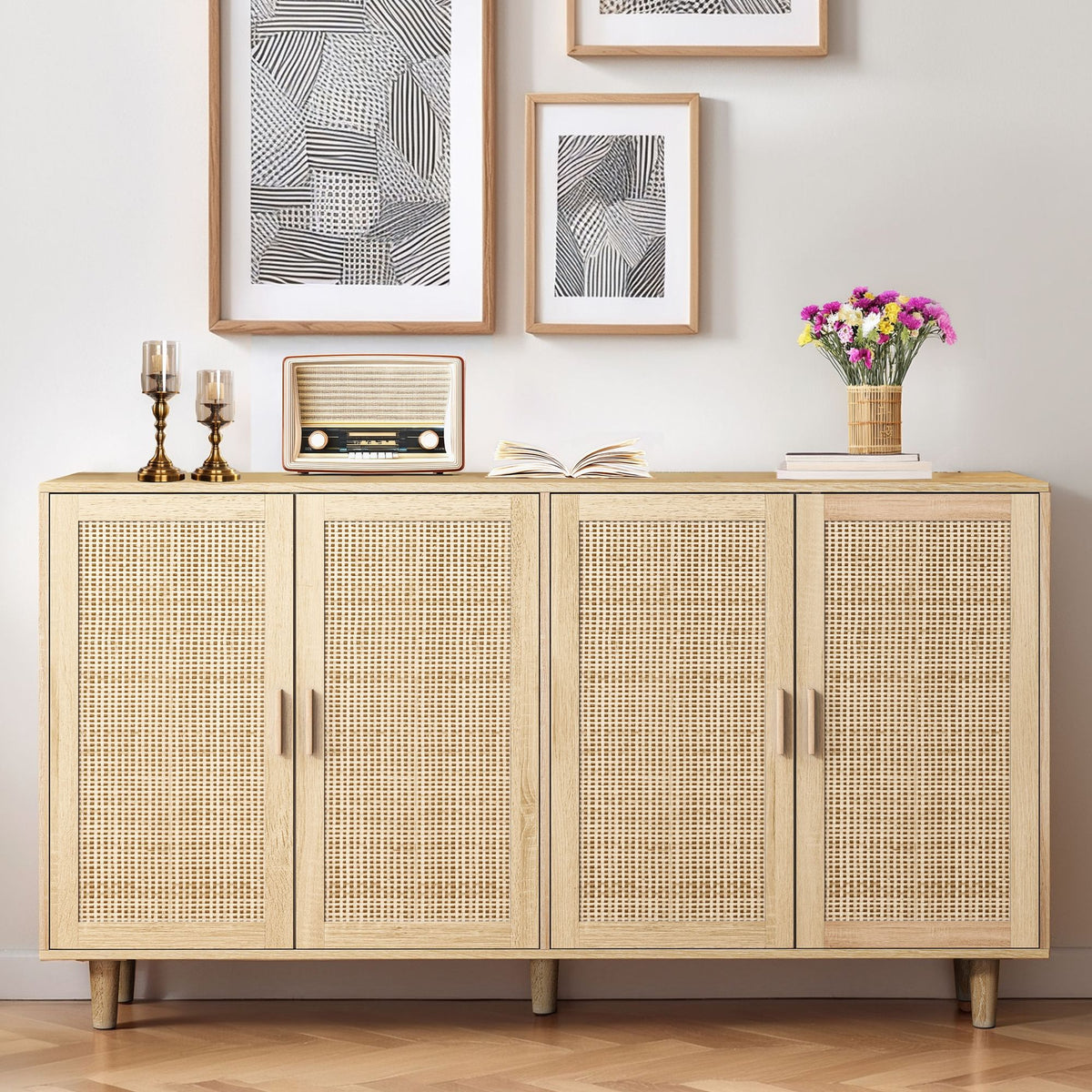 Elegant And Functional 4 Door Rattan Decorative Storage Cabinet