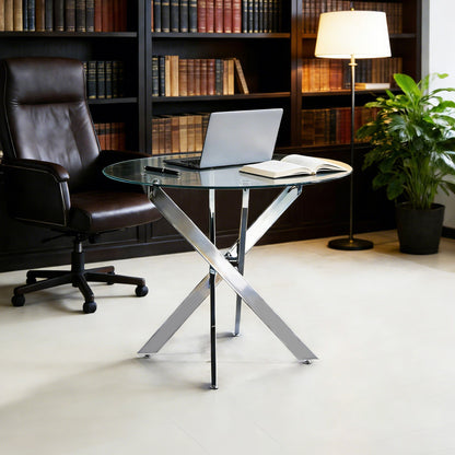Dining Table With Cross Metal Leg And Tempered Glass, Modern Space Saving Kitchen Table For Living Room
