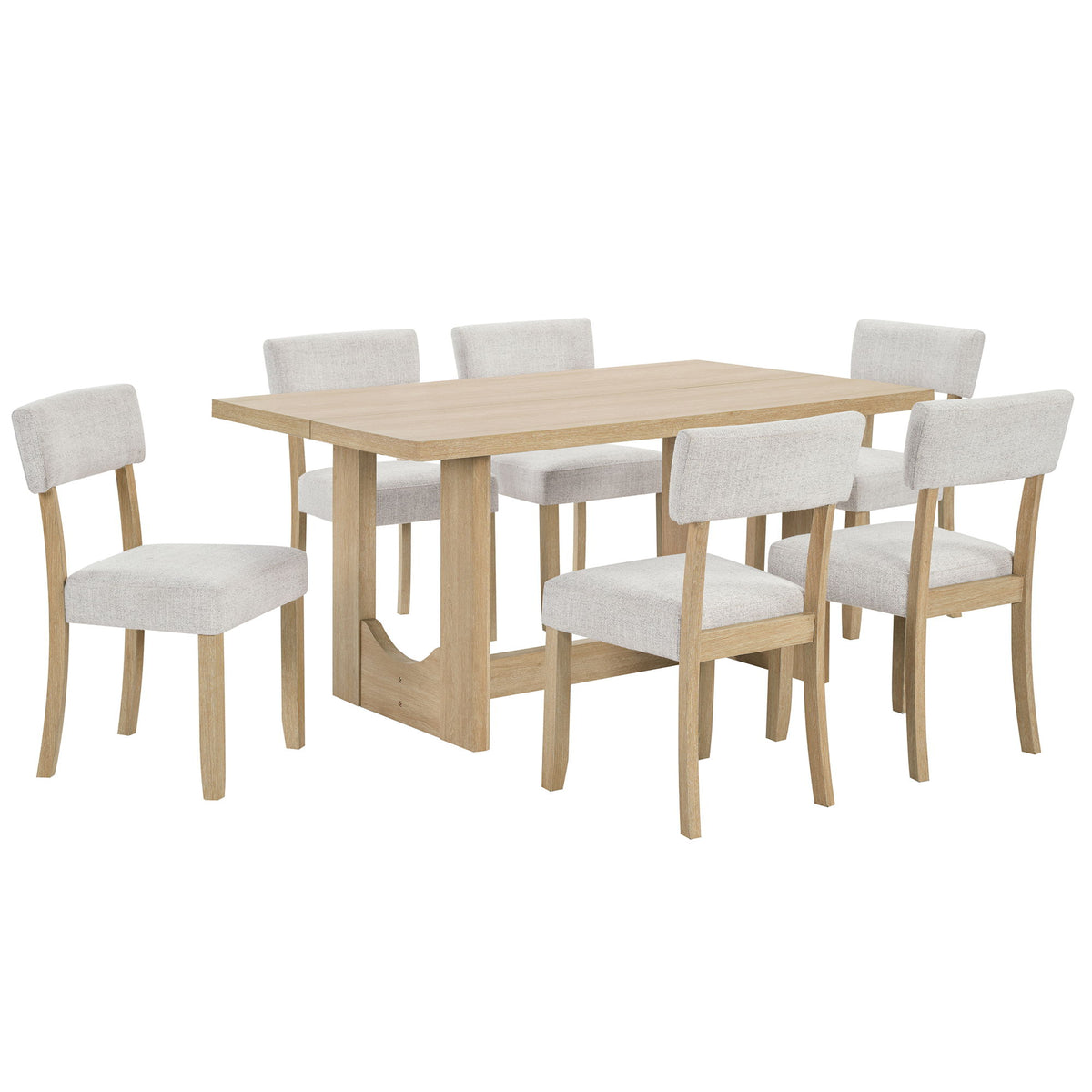 7 Piece Dining Table Set For 6, Rectangular Table With 6 Upholstered Chairs, Sturdy U - Shaped Base For Dining Room - Light Oak