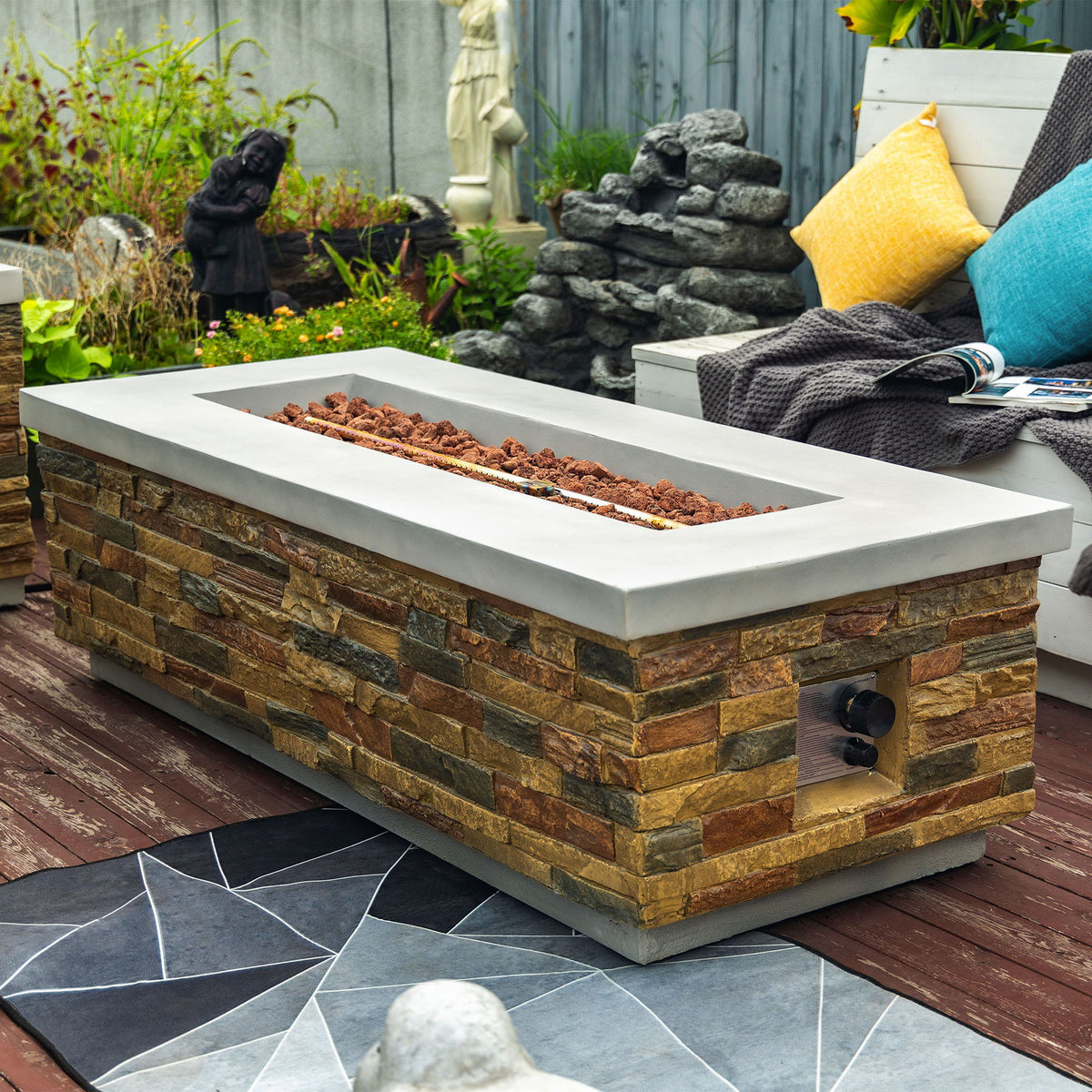 Propane Gas Fire Pit Table, 60000 Btu Rectangular For Outside Patio - Light Gray / Mixed Light Brown