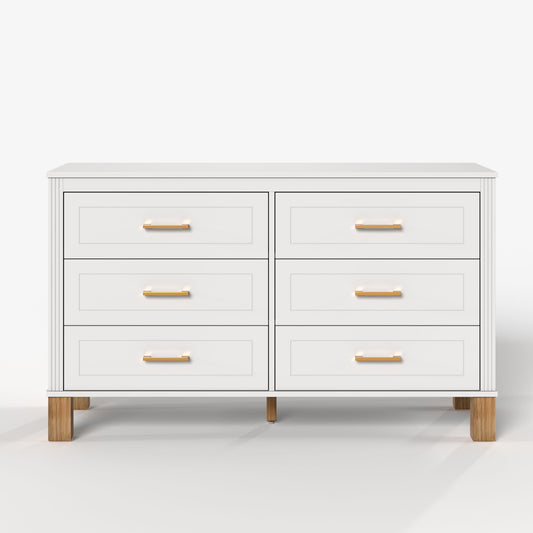6 Drawer Double Dresser With Handles, Storage Cabinet - White